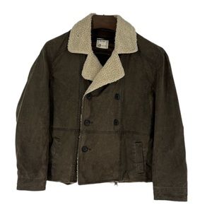 Billy Reid distressed double breast Sherpa & wool lined jacket/coat Green brown
